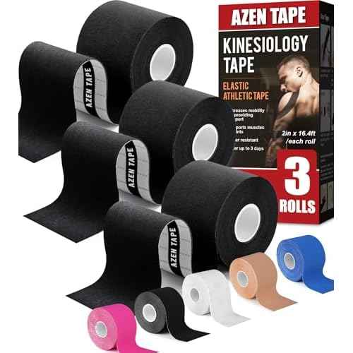 AZEN 3 Rolls Kinesiology Tape, 16.4 ft Waterproof Kinetic Tape for Joints Support and Muscle Pain Relief, Uncut Muscle Tape, Knee Tape, Athletic Tape - Black