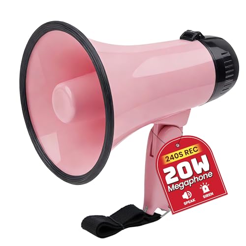 Pink 20W Megaphone Bullhorn with Siren & 240s Recording - Portable Outdoor & Indoor Amplifier