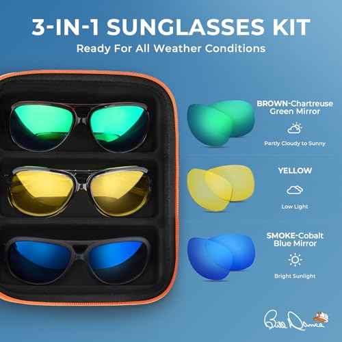 KastKing Bill Dance Mulberry Creek 3 Shades of Fishing Sunglasses Kit, Polarized, UV400 Protection, Oleophobic Coating, Tailored to Bright Sun, Partly Cloudy, and Low Light Conditions