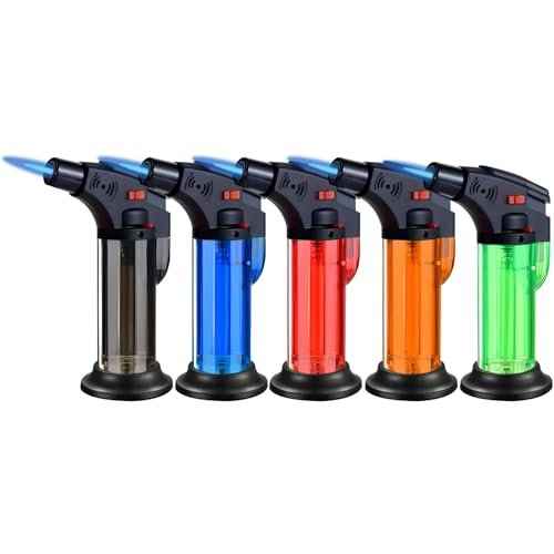 5 Pack Butane Torch Lighter Set,Candle Lighter Refillable, Windproof,Jet Flame,Adjustable Flame, Safety Lock, Ideal for Culinary, Crafts, Camping,Cooking (Butane Not Included)