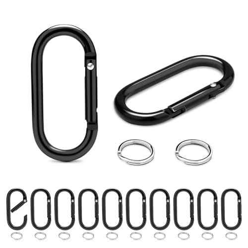 12Sets 2 Inch Large Carabiner Clips, Aluminum Spring Oval Keyrings with Flat O-Rings for Hanging Keychain Dog Tags Backpack Accessories (Black)