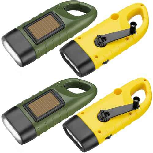 SEANCHEER Hand Crank Solar Powered Flashlights,Compact Emergency LED Flashlight Handheld Survival Flashlight,Quick Snap Carbiner Dynamo Flashlight for Outdoor,Sports,Hiking-4 Packs
