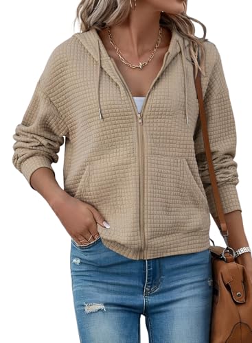 Women’s Oversized Khaki Zip Up Hoodie Medium Fall Casual Sweatshirt