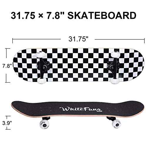 WhiteFang Skateboards for Beginners, Complete Skateboard 31 x 7.88, 7 Layer Canadian Maple Double Kick Concave Standard and Tricks Skateboards for Kids and Beginners