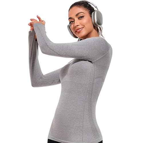 WANAYOU Long Sleeve Workout Tops for Women Underscrub Compression Athletic Shirts Seamless Running Top Quick Dry Gym Yoga
