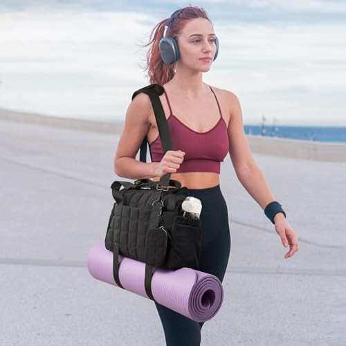Small Gym Bag for Women with Yoga Mat Holder - Black, Puffy Sports Duffle