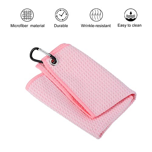 PATIKIL 12x12 Inch Pink Tri-Fold Golf Towel - Soft Microfiber, Water Absorbent, Waffle Pattern with D Clip