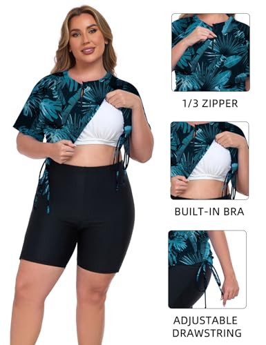 Plus Size Women's Rash Guard Swimsuit Set - Built-in Bra, 2 Piece
