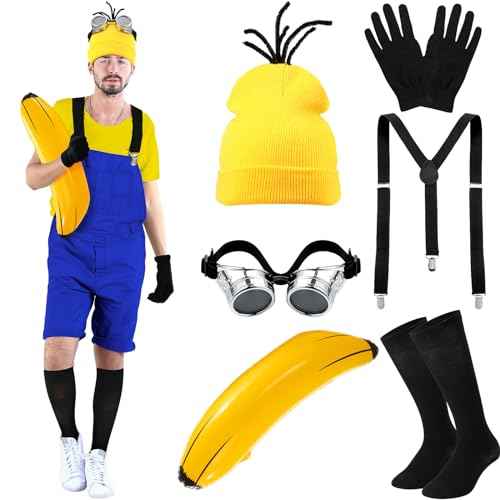 7 Pcs Halloween Costume Accessories for Adult, Beanie Goggles Banana Suspenders Gloves Socks for Cosplay(Yellow)