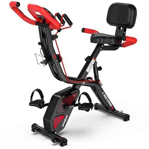 pooboo Folding Exercise Bike, Foldable Upright Stationary Bike, Indoor Cycling Magnetic X-Bike with 8-Level Adjustable Resistance, 6.6 LBS Flywheel, 300LB Capacity, Bottle Holder & Back Support Cushion for Home Gym