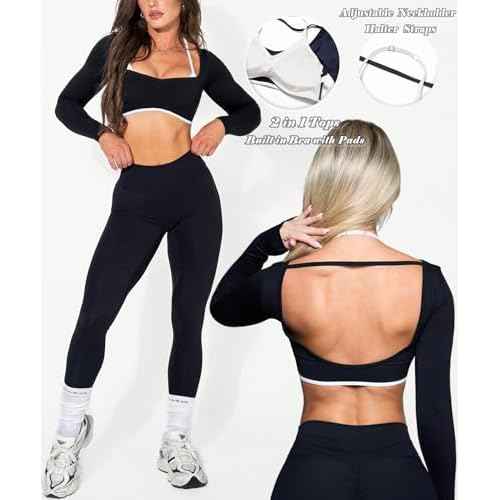 OZICERD Women Backless Long Sleeve Workout Tops Gym Shirt Athletic Clothes Built in Bra Open Back Crop Top Yoga Sport Halter