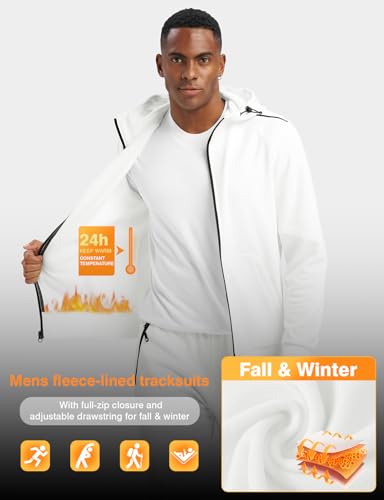 Men's Fleece Lined Hooded Tracksuit Set - Small White Winter Thermal Jogging Sweats