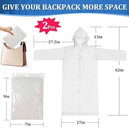 Rain Ponchos for Adults Reusable (2 Pack), Waterproof EVA Raincoats with Hood & Drawstring for Women & Men