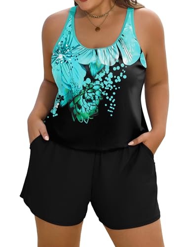 X-Large Plus Size Swim Romper for Women Blue Floral Full Coverage One Piece Bathing Suit with Shorts