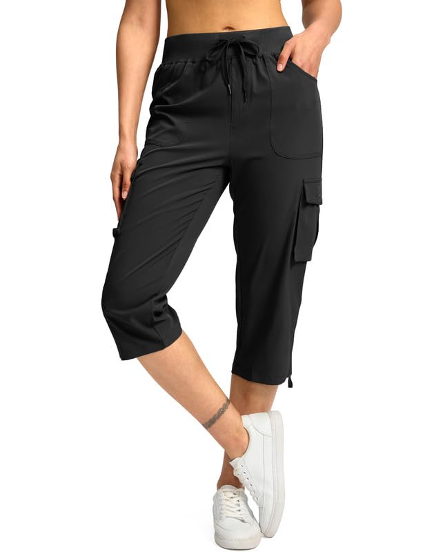 Large Black Women's Cargo Capri Pants with 5 Pockets - Hiking Travel Casual