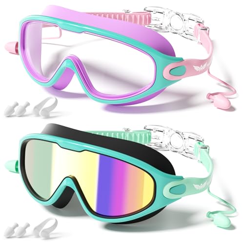Kids Swim Goggles Anti-Fog UV Protection Cyan+Purple Pack of 2 - Ages 4-14