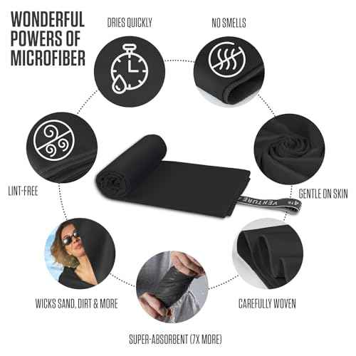 VENTURE 4TH Quick Dry Towel. Microfiber Travel Towel Ideal for Camping, Hiking, Backpacking, Gym. Lightweight & Fast Drying Travel Towels for Body. Compact & Easy to Pack - Black Medium