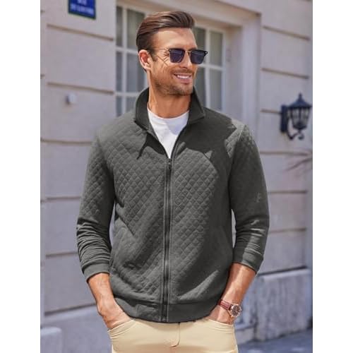 COOFANDY Mens Zip Up Sweatshirt Mock Neck Quilted Jacket Casual Lightweight Sweater Jackets with Pocket