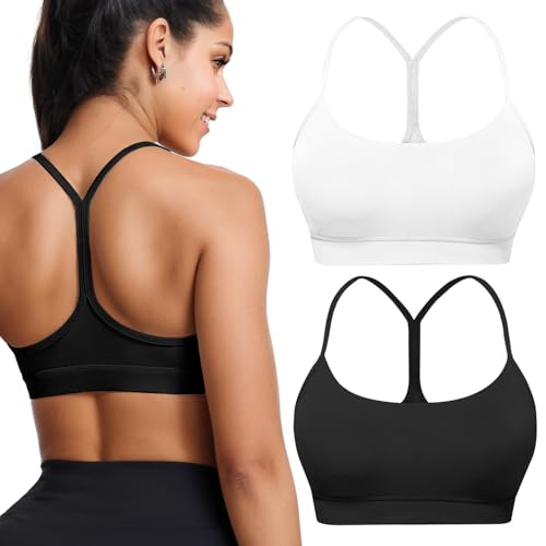 Medium Black and White 2-Pack Y Back Sports Bras for Women, Low Impact Padded Racerback Spaghetti Strap Workout Tops