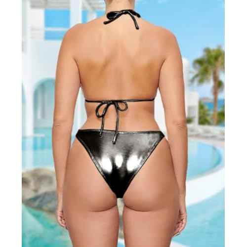 Women's Metallic Bikini Top - Halter Shiny Triangle Bralette Rave Tops Tie Side Swimsuit Bra