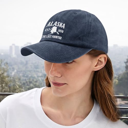 Washed Cotton Alaska Baseball Cap Adjustable Vintage Dad Hat Navy Blue Embroidered - One Size