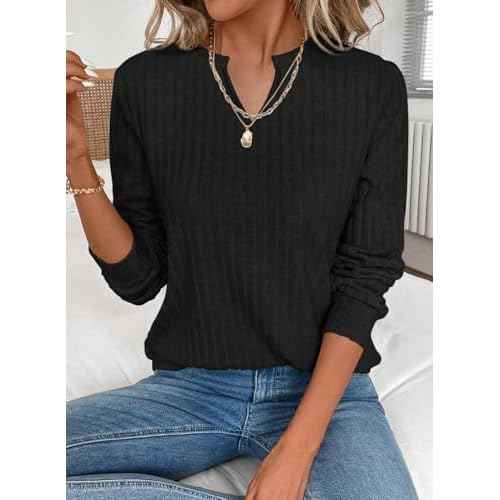 SHEWIN Womens Fall Fashion 2025 Casual Long Sleeve V Neck Tops Shirts Sweaters