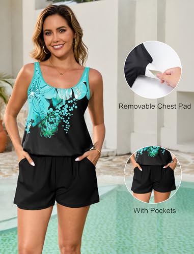 X-Large Plus Size Swim Romper for Women Blue Floral Full Coverage One Piece Bathing Suit with Shorts