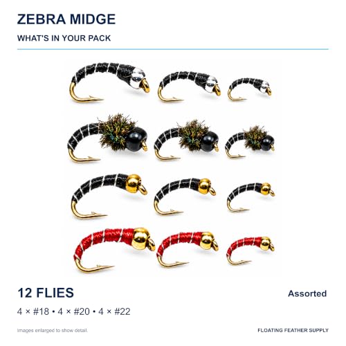 Assorted Zebra Midge Flies for Fly Fishing - Hook Size 18-22, 12 Pack