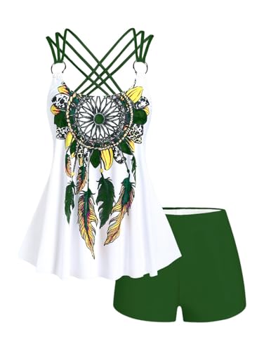 Plus Size Modest Tankini Swimsuit with Feather Strappy Crisscross Design - Green 2X