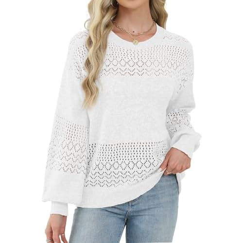 Lylinan Womens Sweaters Casual Boho Long Sleeve Shirts Crewneck Lightweight Crochet Tops Pullover Knit Sweater