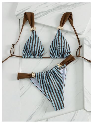 Women's Striped Triangle Cheeky Bikini Set - Small Multicolor