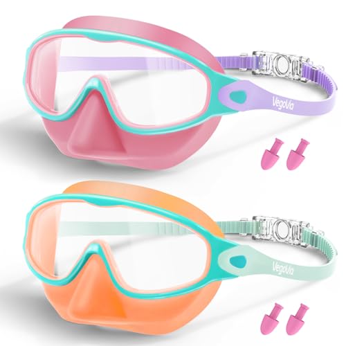2 Pack Kids Swim Goggles with Nose Cover, Anti-Fog UV Protection Swimming Goggles for Kids Youth 3-15