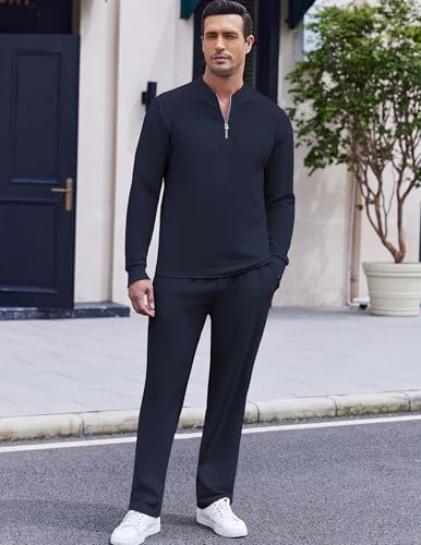 Men's Navy Blue 2-Piece Tracksuit Set Polo Athletic Sweatsuit Quarter Zip Jogging Outfit Large
