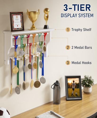 White 3-Tier Solid Wood Medal Hanger Display with Brass Hooks