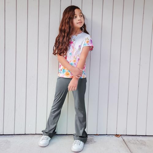 Big Elephant Girls Flare Leggings with Pockets, High-Waisted Dark Gray Small