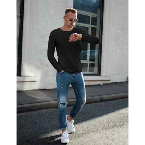 Ekouaer Men's Long Sleeve Shirts Ribbed Pullover Sweater Sim Fit Thermal Tops Crew Neck Stretchy Undershirts