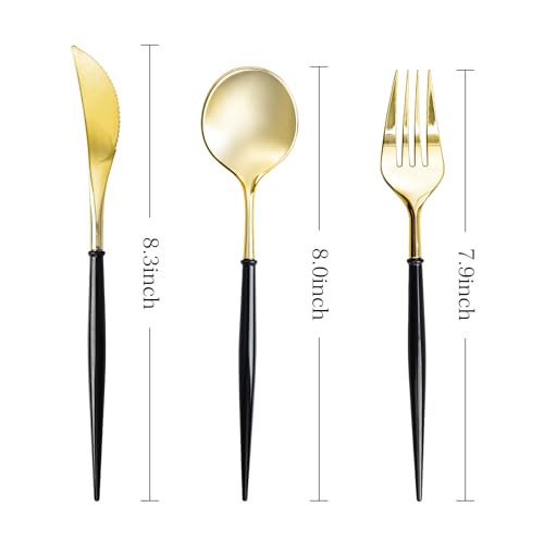 N9R Disposable Gold Plastic Silverware Set - Black Handles, 150PCS