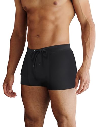 Men's Square Leg Swim Briefs - Black Large Athletic Swim Trunks with Liner