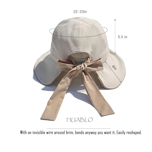 Beige Foldable Wide Brim Sun Hat for Women with Ponytail Hole - UV Protection & Bowknot