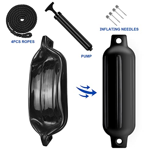 Black 4.5-Inch Boat Fenders 4 Pack with Ribs Twin Eyes Marine Bumpers with Ropes, Needles & Pump