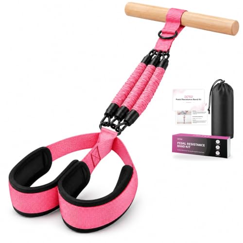 Pink Resistance Band Pedal Set with Wood Handle & Wide Foot Pedals - 3 x 30 lb Tubes