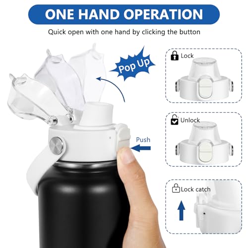 White Flip Top Replacement Lid for Hydro Flask Wide Mouth Bottles - Button Lock & Soft Handle
