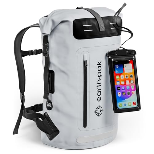 Earth Pak Waterproof Backpack - Heavy Duty Hiking Backpack - Roll-Top Closure Bag - Cushioned Dry Bag Waterproof Phone Case