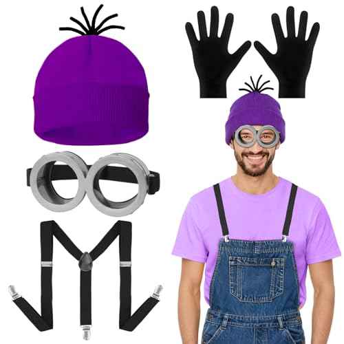4 Pcs Halloween Costume Accessories Adult, Yellow/Purple Beanie Goggles Gloves Suspenders Halloween Costume Accessories Set