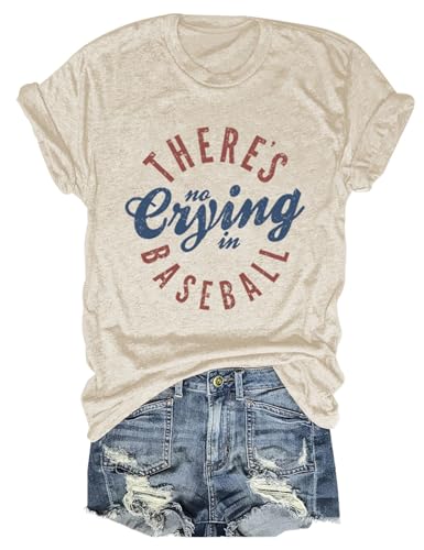Softball Mom T-Shirt Women Z-Beige Small No Crying in Softball Mama Funny Graphic Tee Casual Top