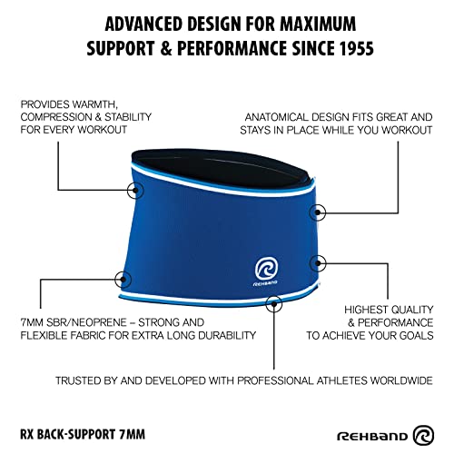 Rehband Rx Original Back Support, Back Compression 7mm Neoprene, Strong Support and high Stability for Lower Back, Weightlifting Fitness Support, Colour:Blue, Size:XX-Large