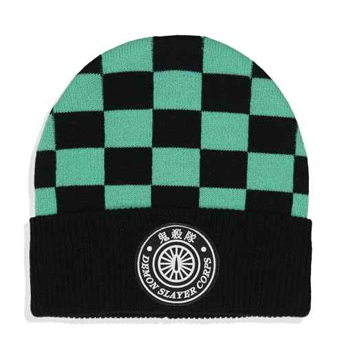 Demon Slayer Adult Tanjiro Embroidered Patch Knit Cuff Beanie Cap Hat for Men and Women Multicolored