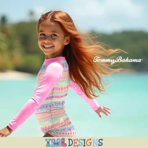 Tommy Bahama Girls 2-Piece Swimsuit Set, Long-Sleeved Rash Guard and Bikini Bottoms, Quick-Drying Swimwear for Kids