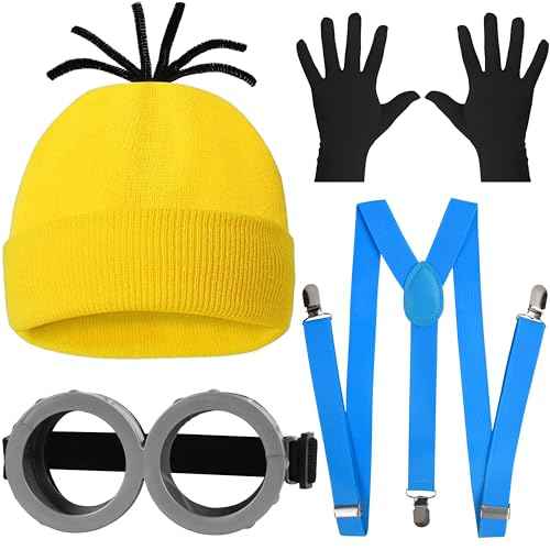 5 Pcs Halloween Yellow Costume Accessories for Adult, Yellow Beanie Hats, Goggles Glasses, Elastic Suspenders, Black Gloves for Halloween Dress Up Men Women Cosplay Party