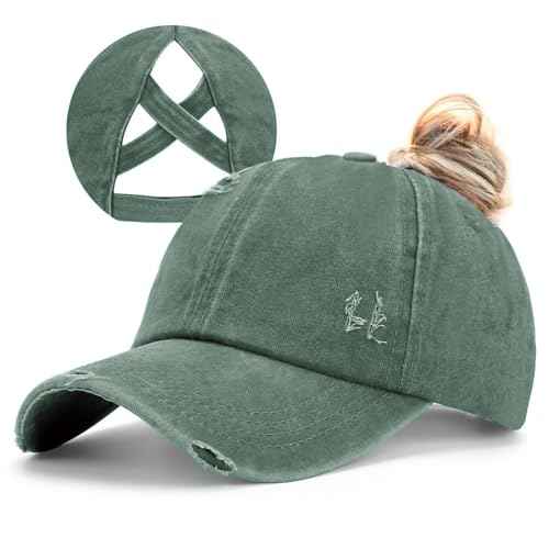 Womens Criss Cross Ponytail Baseball Cap Distressed Ponytail Hat High Messy Bun Trucker Ponycap for Outdoor Sports